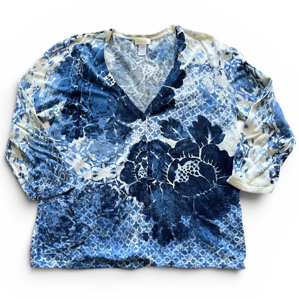 Chicos Blue White Floral Batik Button Front Cardigan Sweater Cotton Rayon Sz 1 S